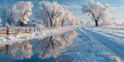 Scenic winter landscape with frosted trees and reflections in a calm waterway in a rural area photo