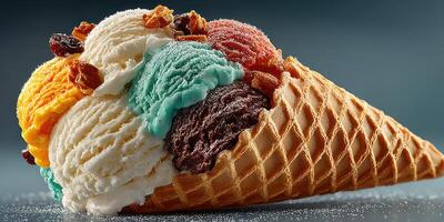 Delicious multicolored ice cream cone with a variety of flavors served in a crispy waffle cone photo