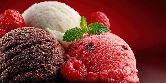 Delightful assortment of three ice cream flavors with fresh raspberries and mint on a vibrant background photo