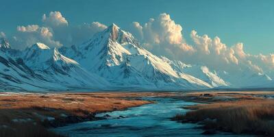 Majestic snow-capped mountains loom over a serene river valley at dawn with dramatic clouds floating above photo