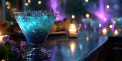 Vibrant cocktail in a fancy glass set against a glowing backdrop at a lively evening gathering photo