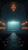 Majestic theater interior with empty seats and illuminated stage at night photo