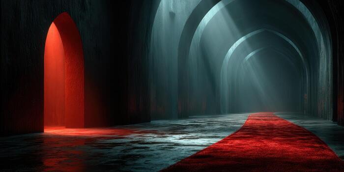 Mysterious dimly lit corridor with a red carpet and illuminated doorways photo
