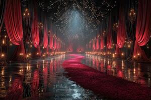 Elegant red carpet event space with shimmering lights and dramatic decor photo