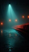 Atmospheric empty theater with dramatic lighting highlighting red seats and wet floor photo