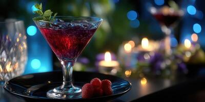 Refreshing cocktail served under ambient lighting at a vibrant evening gathering photo