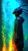 Youth with headphones gazing at colorful lights in a vibrant, ethereal environment during nighttime photo
