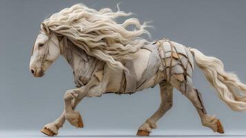 Sculptural representation of a galloping horse made from textured materials in an artistic style photo