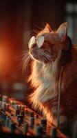Cat DJ wearing sunglasses listens to music while mixing tracks in a warm-lit studio during the evening photo