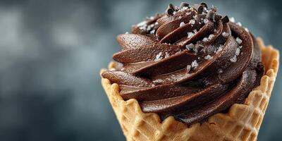 Delicious chocolate ice cream cone topped with chocolate shavings and sea salt in a dessert shop photo