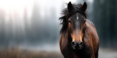Majestic brown horse stands gracefully in a misty forest landscape at dawn photo