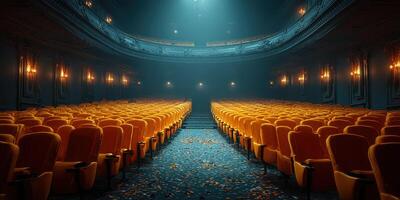 Empty historic theater with elegant velvet seating and scattered autumn leaves on the floor, illuminated by soft stage lighting photo