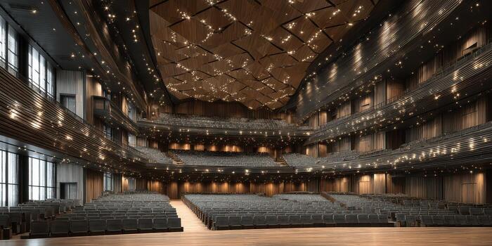 Modern auditorium with intricate wooden design and warm lighting ready for an evening performance photo