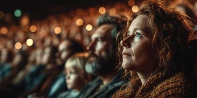 Audience captivated by performance in a dimly lit theater during an evening event photo