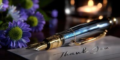 Elegant fountain pen beside flowers and a thank you note creates a warm and thoughtful atmosphere during evening reflection photo