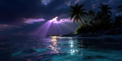 Majestic sunset over tranquil ocean with rays of light piercing through dark clouds near tropical island photo