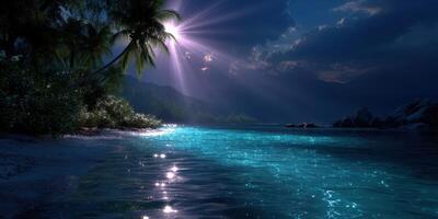 Tranquil night at a tropical beach with moonlight reflecting on calm water photo