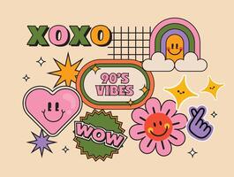 Retro abstract funny sticker design with trendy patch badge elements featuring quotes and words in Y2K style art perfect for Gen Z and Millennial vibes on a clean isolated background vector