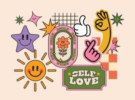 Retro cool abstract funny sticker with trendy patch badges. Quotes and words for Gen Z and Millennials in Y2K style art, set against an isolated neutral background vector