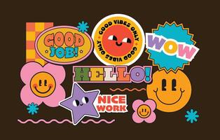 Abstract retro funny sticker with trendy patch and badge art using Gen Z and Millennial inspired quotes in colorful Y2K aesthetics set on a clean neutral background vector