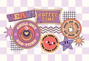Retro Y2K style sticker featuring quirky quotes and patch badge graphics for Gen Z and Millennials placed on a bold checkered backdrop with abstract visual elements vector