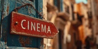Wooden cinema sign hanging on a blue door in a charming alley, capturing the essence of a quaint town in the afternoon light photo
