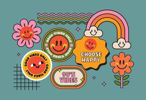 Y2K style retro patch sticker with funny phrases and cool badge graphics designed for Gen Z and Millennials with abstract visuals on a neutral isolated backdrop vector