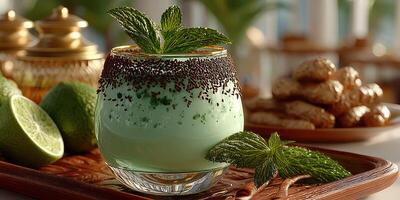 Enjoying a refreshing mint beverage with cookies and lime on a wooden tray in a cozy setting photo