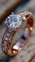Exquisite diamond engagement ring resting on a textured surface showcasing elegant design and sparkling gemstones photo