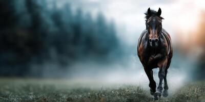 Majestic horse galloping through misty terrain at dawn with a forest backdrop photo
