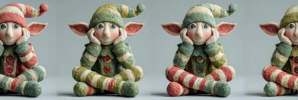 Colorful handmade elf dolls sitting cheerfully with charming details in a minimalist setting photo