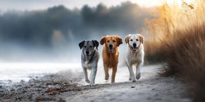 Dogs walking along a serene lakeside path during early morning light with mist rising in the background photo