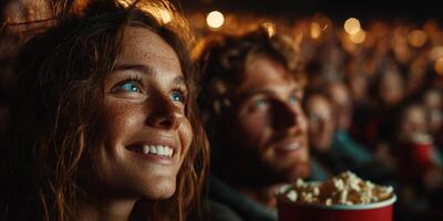 Enjoying a joyful moment while watching a movie together in a crowded theater at night, immersed in the cinematic experience photo