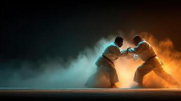 Two martial artists sparring in a dramatic setting with contrasting light effects during a training session photo