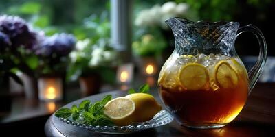 Refreshing iced tea with lemons and mint near blooming flowers in a cozy indoor setting during a bright afternoon photo