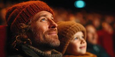 Father and child enjoy a movie together on a cozy evening in a theater filled with anticipation photo