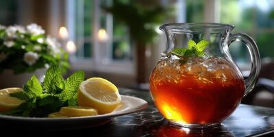 Refreshing iced tea with lemon slices and mint leaves on a table by a sunny window photo