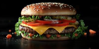 Juicy cheeseburger with fresh toppings presented on a dark surface photo