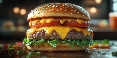 Juicy cheeseburger with fresh ingredients served on a wooden table at a casual dining restaurant photo