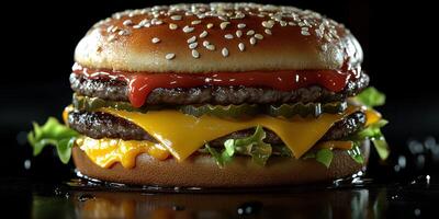 Juicy cheeseburger with two patties, fresh lettuce, pickles, and ketchup on a sesame seed bun photo