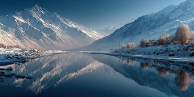 Stunning winter landscape at dusk with snow-covered mountains reflecting in a calm river photo