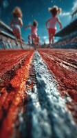 Children sprinting on a vibrant track during a sunny outdoor sports event at a local stadium photo