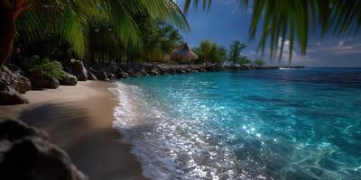 Serene beach landscape at sunset with clear turquoise waters and tranquil shoreline in a tropical paradise setting photo