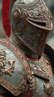 Detailed close-up of ornate knight armor showcasing craftsmanship and historical design photo