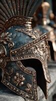 Intricate design of a metallic Roman helmet displayed in an artistic setting with other helmets nearby photo