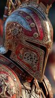 Intricate armor of a medieval warrior captured during a reenactment in an outdoor setting on a sunny day photo