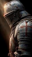 Knight in shining armor stands solemnly in the light during a medieval reenactment at dawn photo