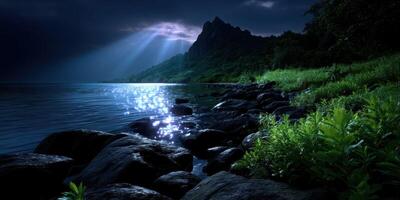Serene night landscape showcasing moonlight over tranquil water with rocky shore and mountains in the background photo
