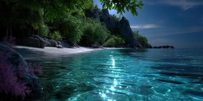 Calm turquoise waters reflect moonlight near rocky coastal cliffs under a clear night sky photo