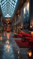 Luxury shopping mall decorated for Christmas with a large tree and vibrant red seating photo